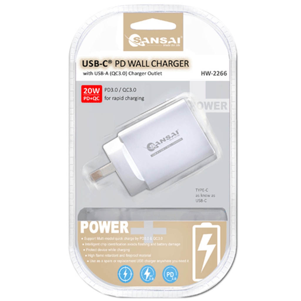 Sansai USB-C and USB-A 20W Wall Charger