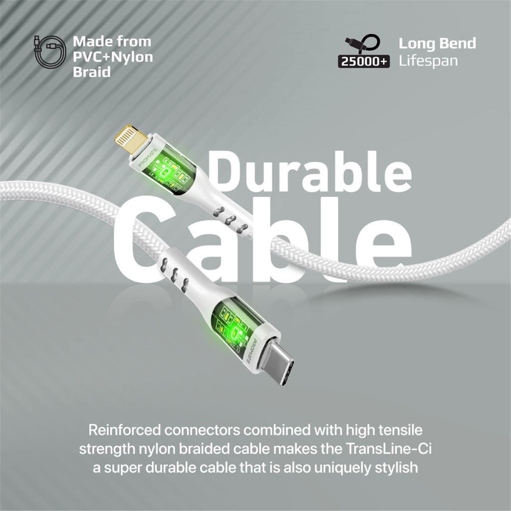PROMATE USB-C to C 1.2M 60W Cable - Transparent End White