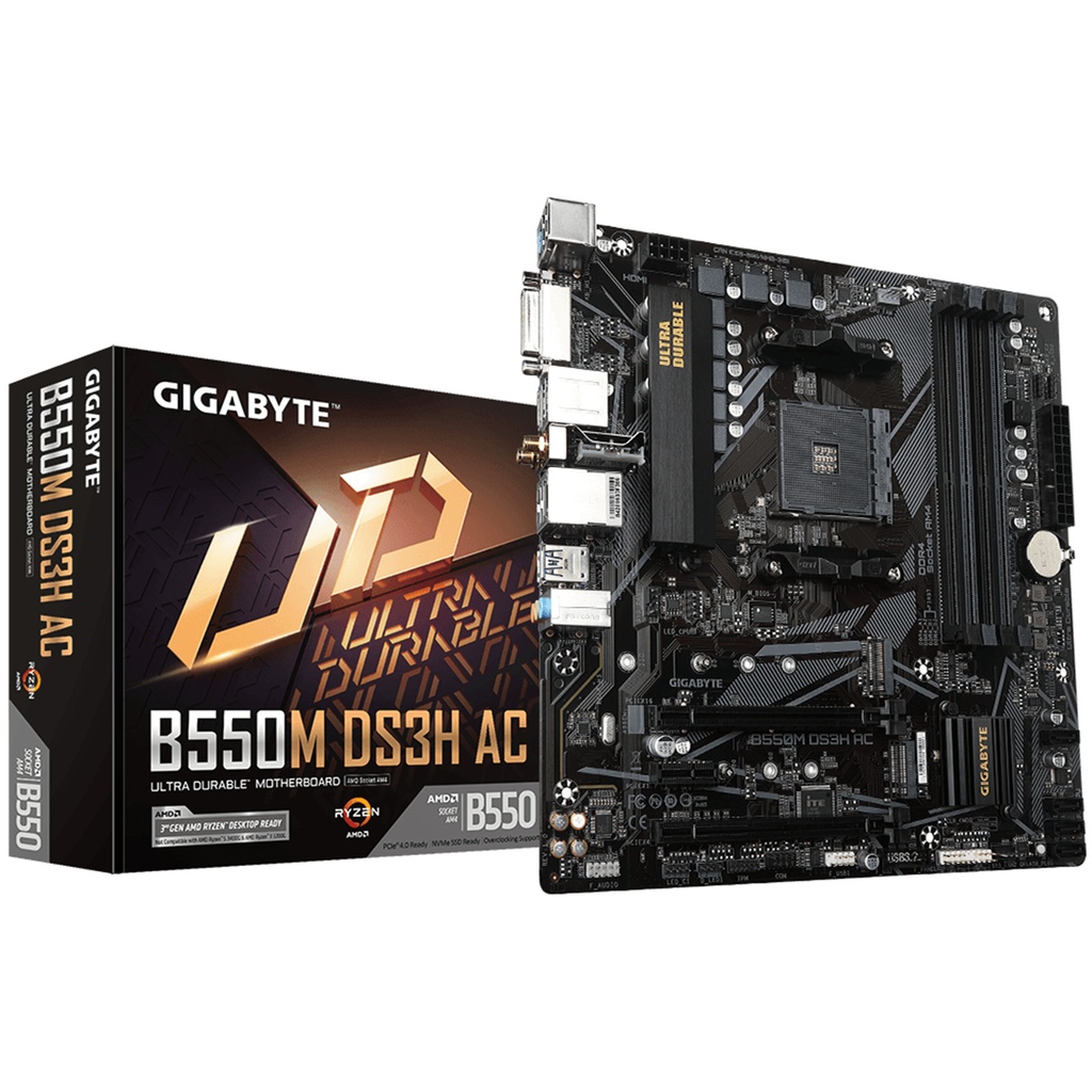 Gigabyte B550M DS3H AC mATX Motherboard For AMD Ryzen 5000 Series CPUs Socket AM4 - AMD B550 Chipset - 2x M.2 - 1x Internal USB 2.0 Header - 1x Internal USB 3.2 Header - 1x GbE - WiFi AC + BT