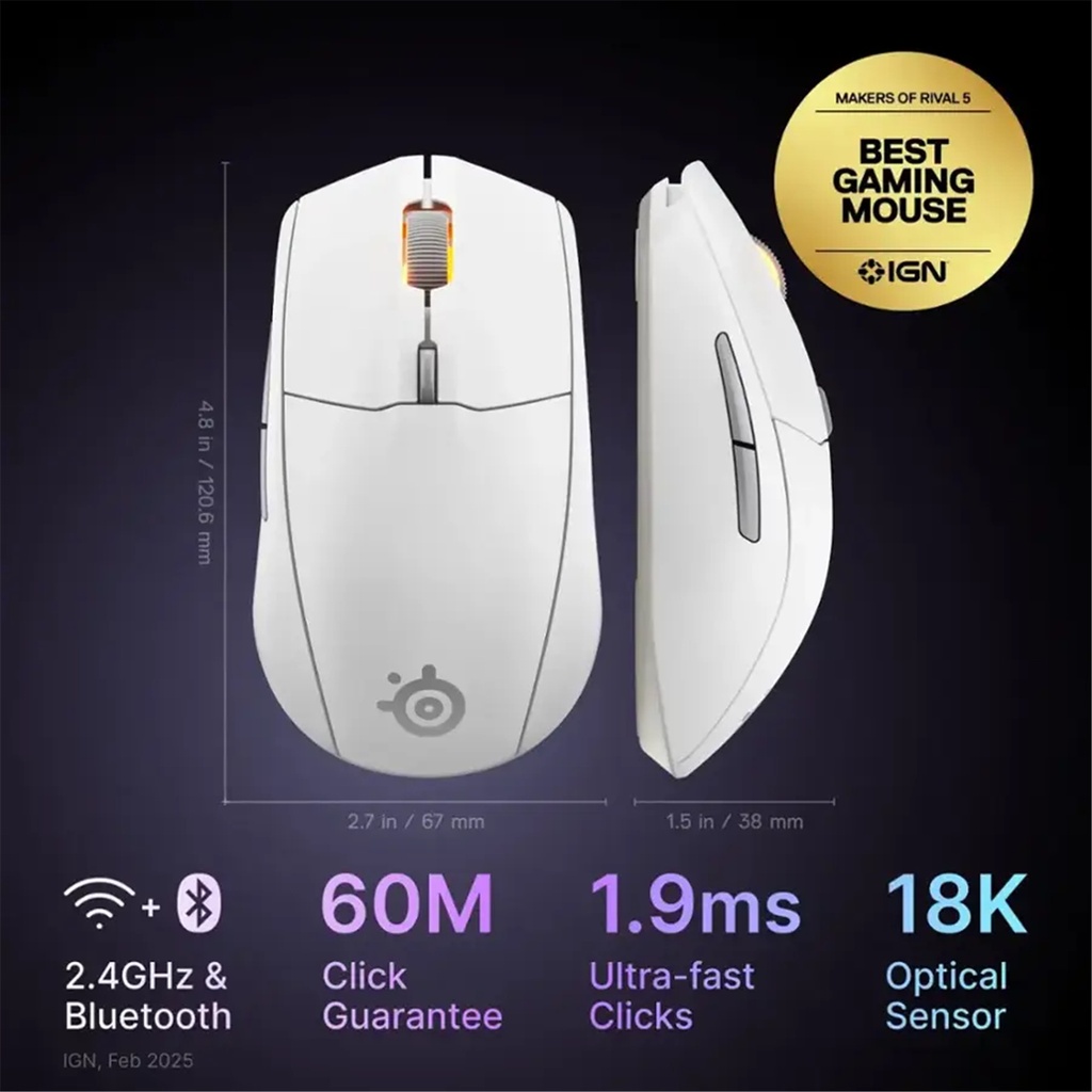 Steelseries Rival 3 Gen 2 Wireless Optical Gaming Mouse - White