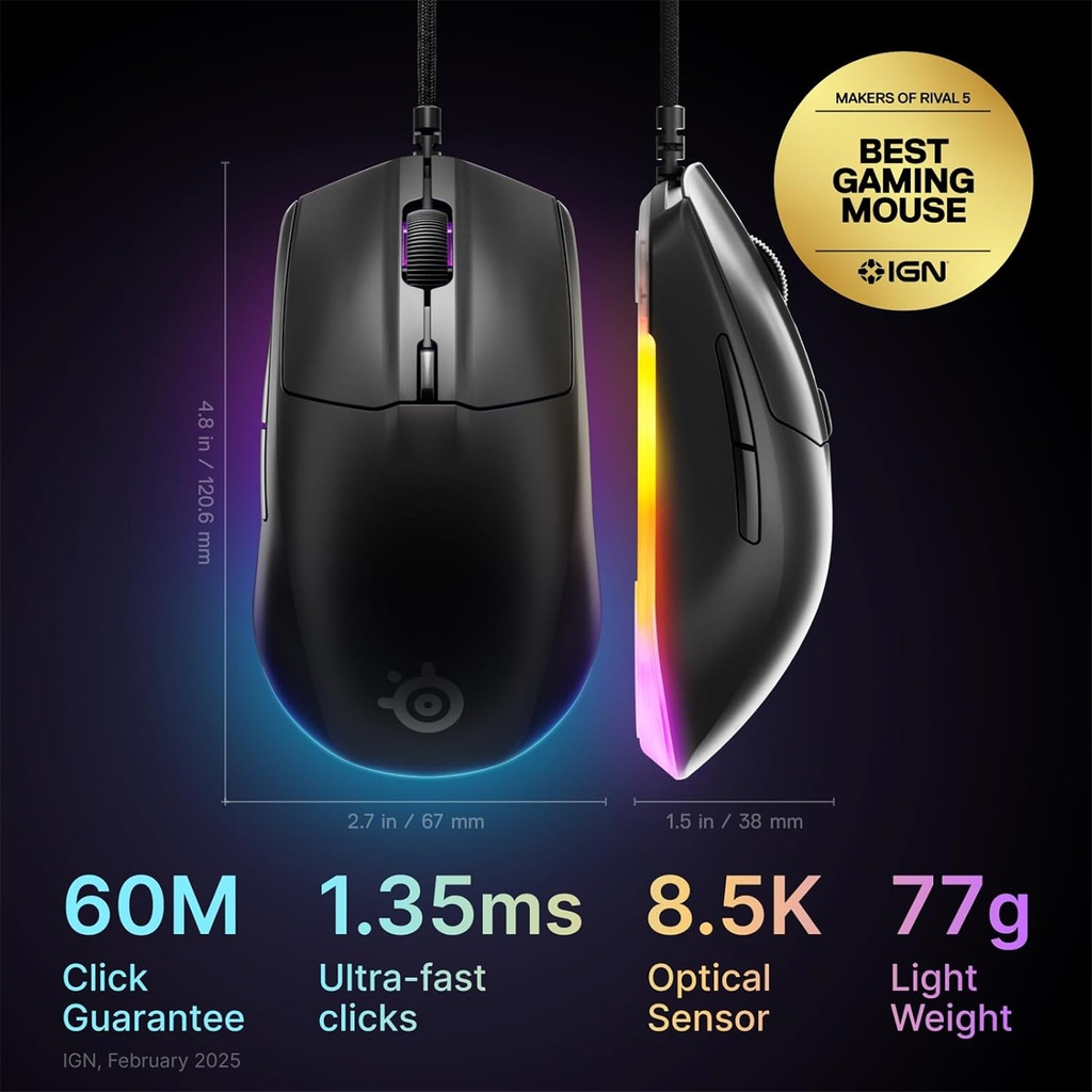 Steelseries Rival 3 Wired Gen 2 Optical Gaming Mouse - Black