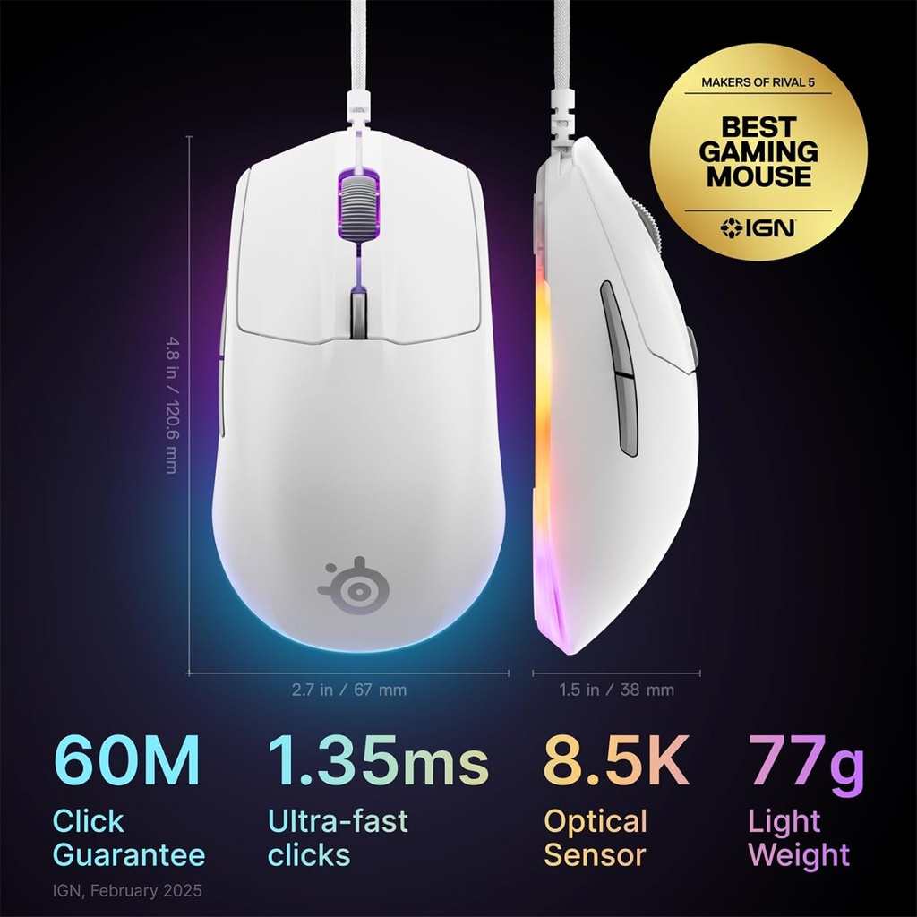 Steelseries Rival 3 Wired Gen 2 Optical Gaming Mouse - White