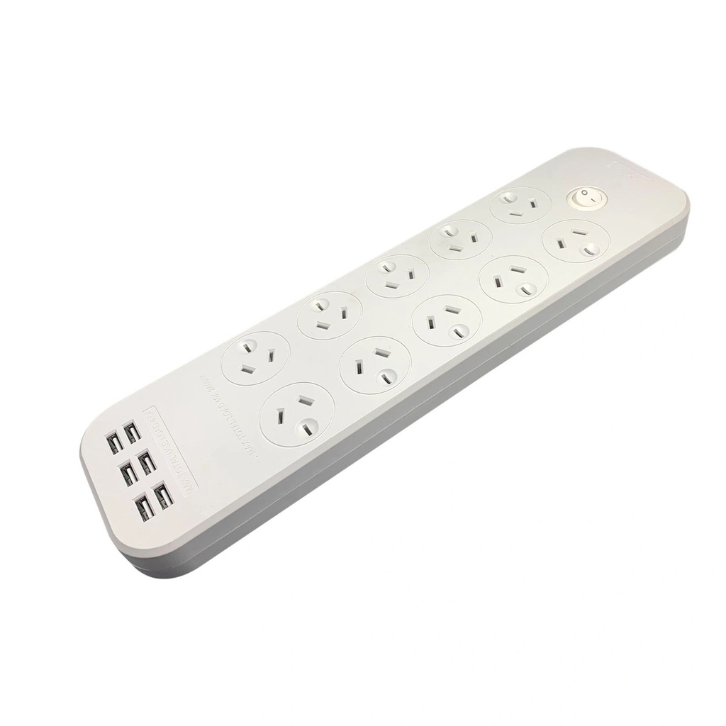 Jackson 10-Way Powerboard, 6x USB-A Fast Charging Ports, 10 Surge Protected Power Outlets On-Board Master Switch, Safety Overload Protection, 1M Power Lead