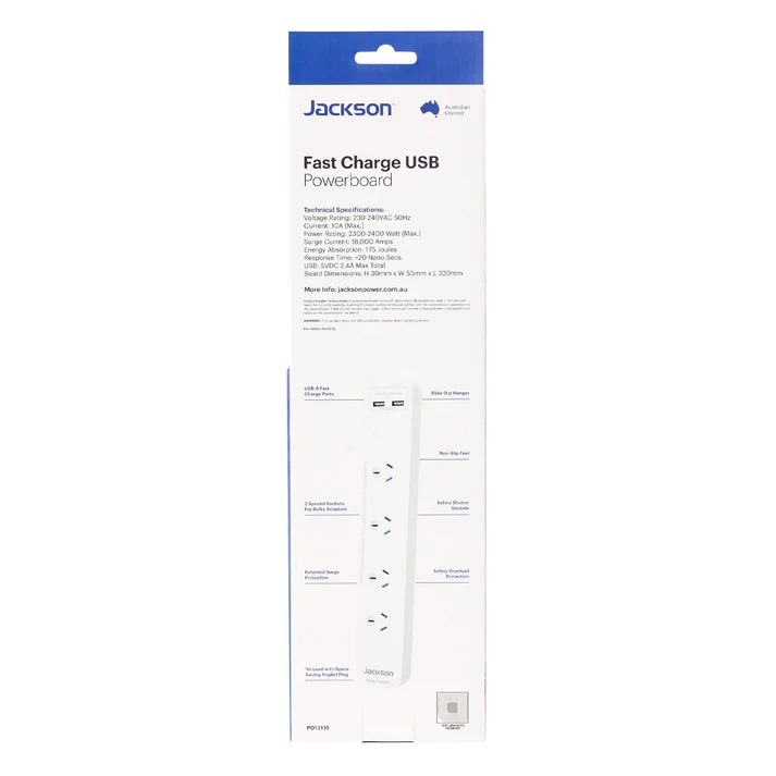 Jackson Surge Protected 2x USB Port Powerboard - 4 Outlets