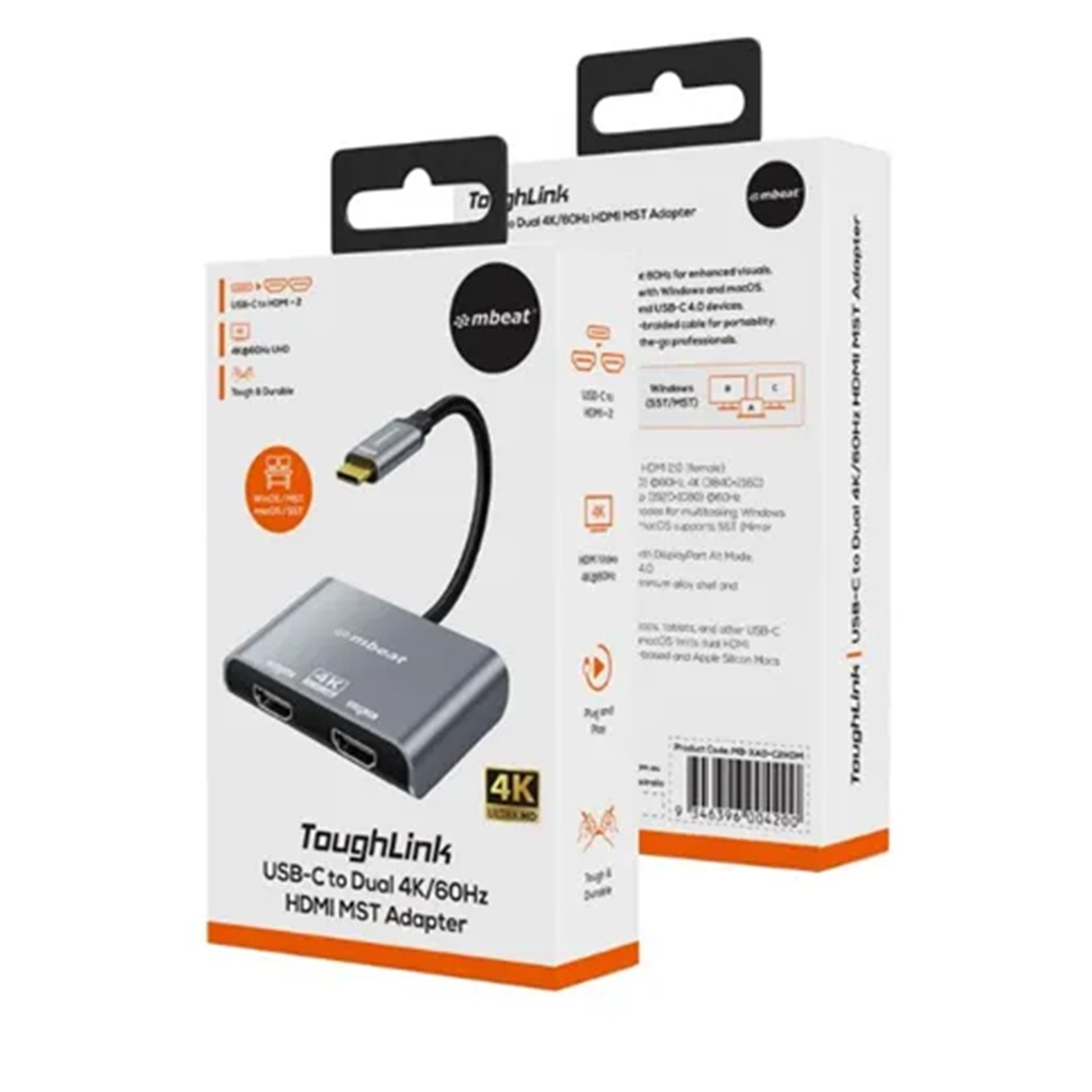 mbeat Tough Link USB-C to Dual 4K/60Hz HDMI MST Adapter - Space Grey