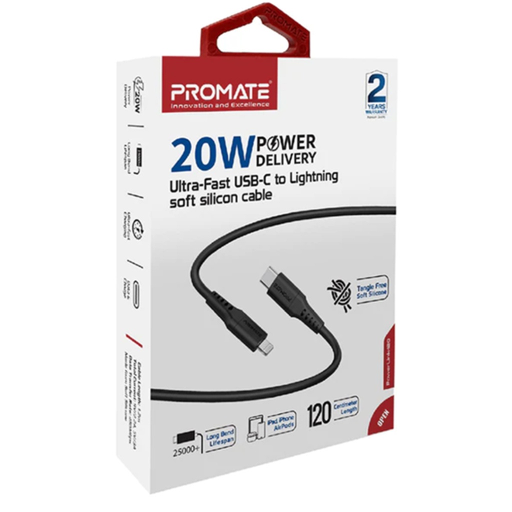 PROMATE USB-C to Lightning 1.2M 20W Cable - Black