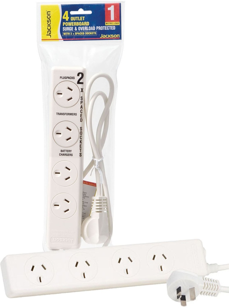 Jackson 4-Way Powerboard Surge Protected 1m Power Cord