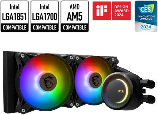 [5874647] MSI MAG CoreLiquid E240 Black - AIO ARGB CPU Liquid Cooler - Rotating Cap Design - 240mm Radiator - Dual 120mm ARGB PWM Fans - LGA 1851,1700 Ready / AM5 Compatible