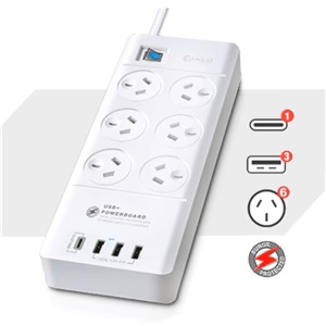 [PAD-8066] Sansai 6 Way Surge powerboard with 3x USB-A 1x USB-C