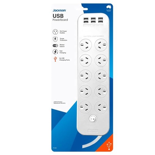 [PT1055] Jackson 10-Way Powerboard, 6x USB-A Fast Charging Ports, 10 Surge Protected Power Outlets On-Board Master Switch, Safety Overload Protection, 1M Power Lead